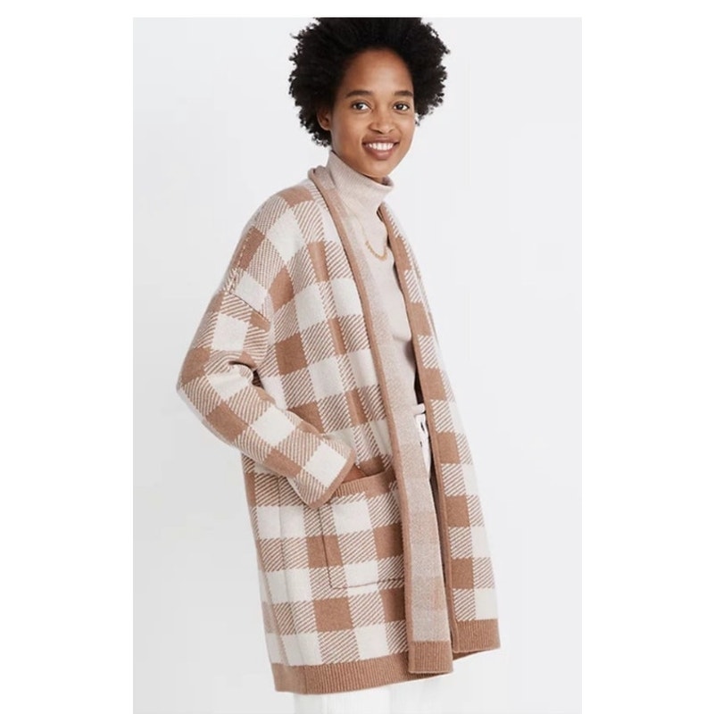 Euc Madewell Minetta Buffalo Check Sweater Coat Xs Tan Cream Wool Blend Cardigan